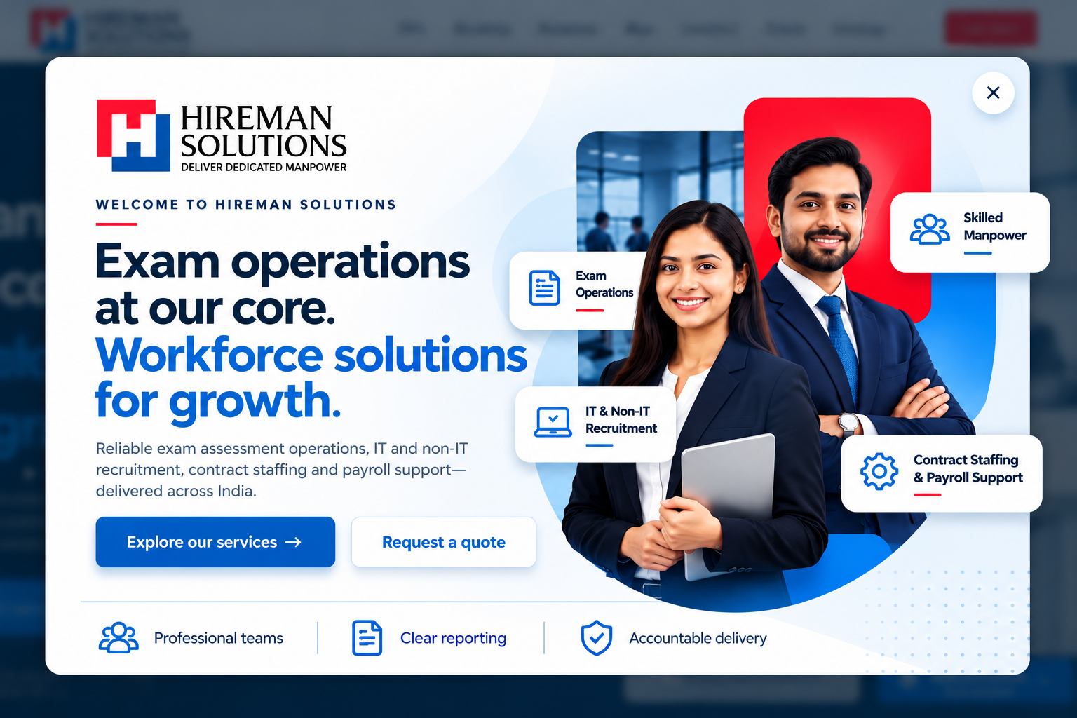 Welcome to Hireman Solutions — exam operations, workforce solutions, recruitment, contract staffing and payroll support across India